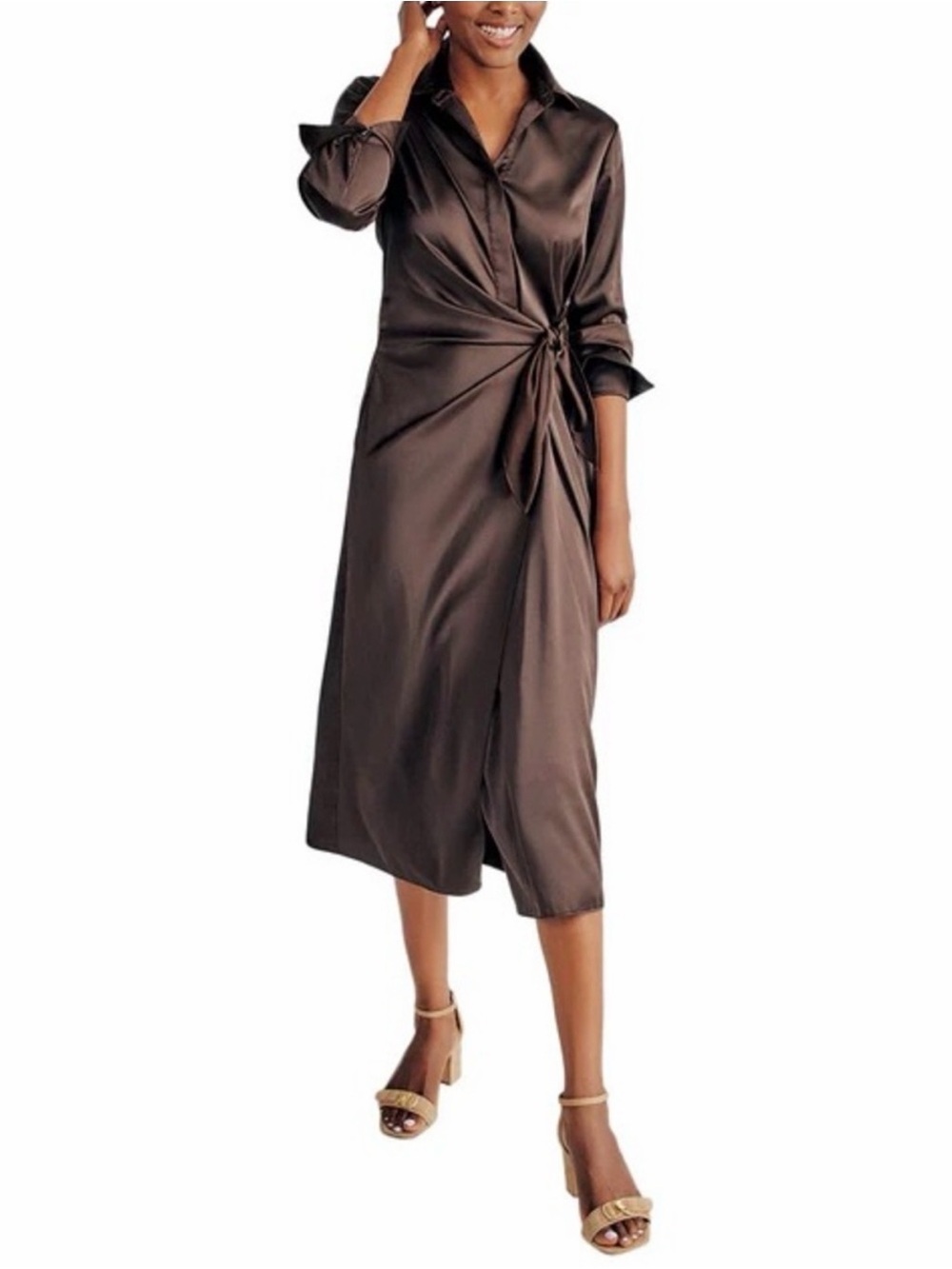 J. McLaughlin Leandra Satin Midi Wrap Dress in Dark Chocolate Brown Medium